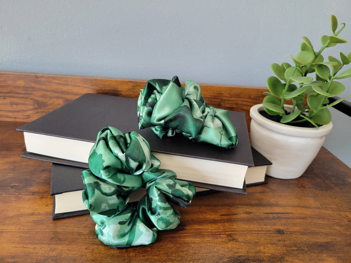 Emerald Green Leaf Satin Scrunchie