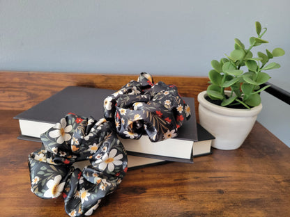 Black Floral Satin Scrunchies