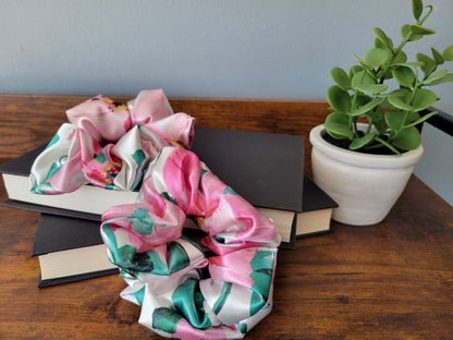 White Floral Satin Scrunchies